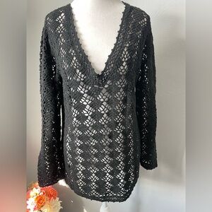 Eddie Bauer Black Hand Crocheted Knit Top Boho Coastal Linen Blend Sweater